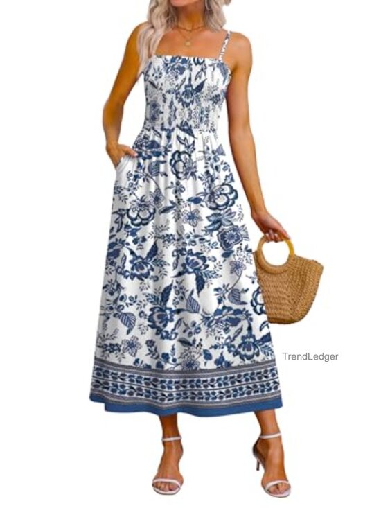 Dresses & Skirts - Spaghetti Strap Smocked Maxi Dress with Pockets - Casual Boho Beach Sundress